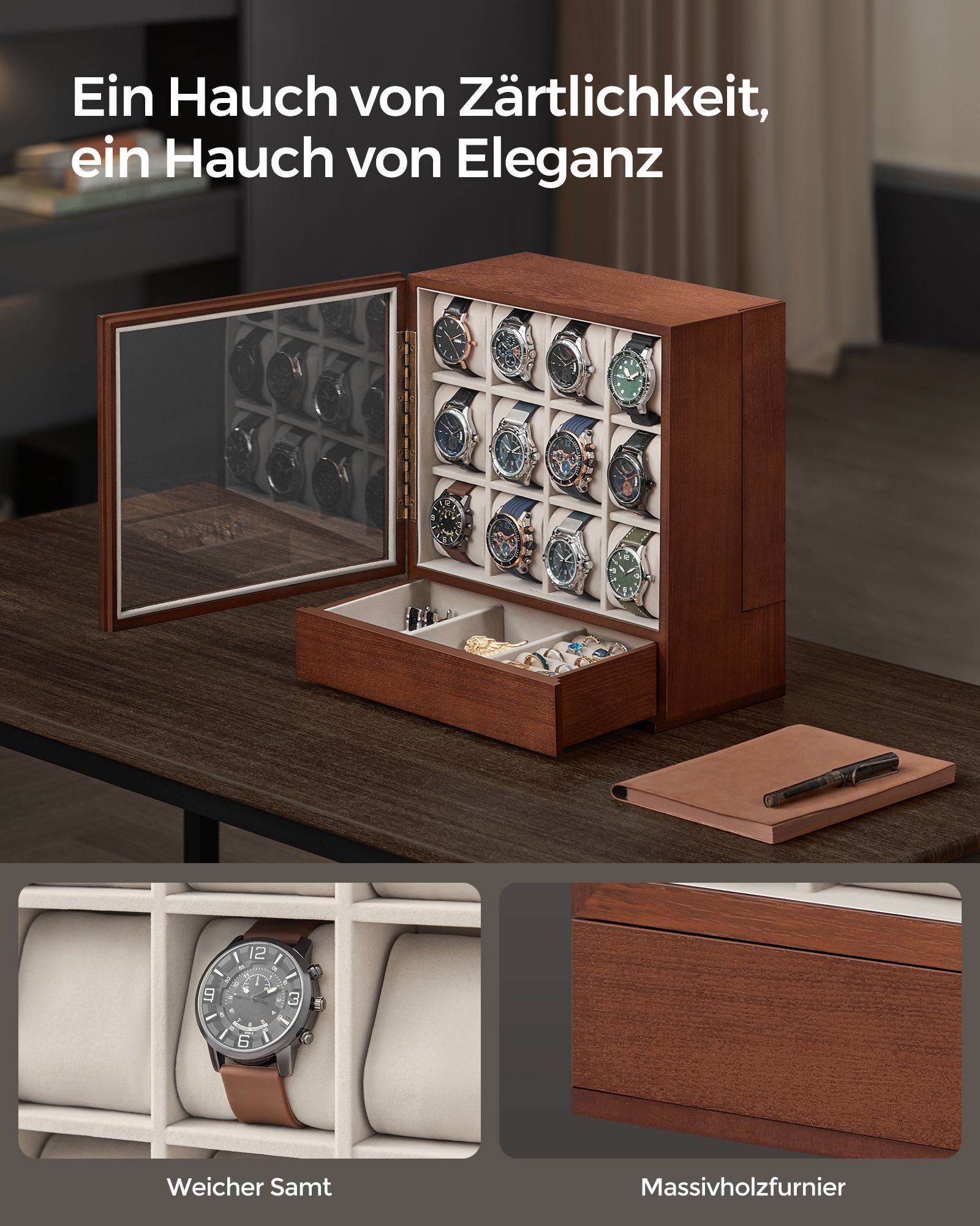 Horlogedoos – 12 vakken – met venster – cadeau-idee – koffiebruin