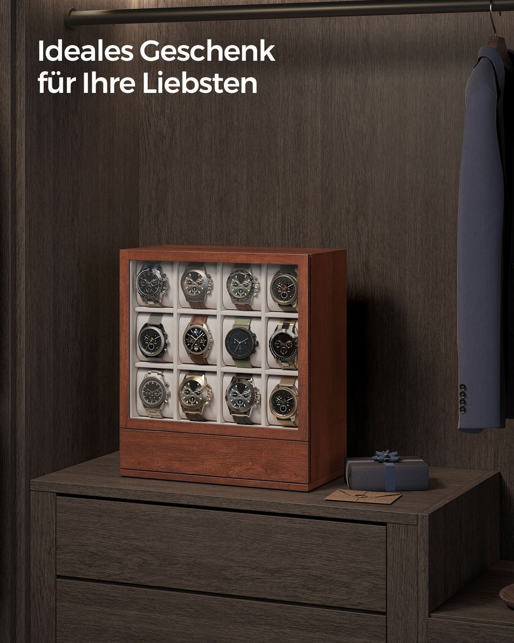 Horlogedoos – 12 vakken – met venster – cadeau-idee – koffiebruin
