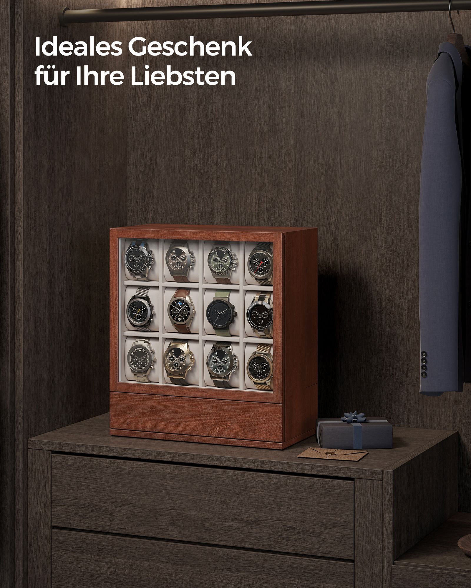 Horlogedoos – 12 vakken – met venster – cadeau-idee – koffiebruin