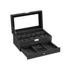 Horlogebox – met lade – 12 horloges – sieradenvak – glazen deksel – zwart
