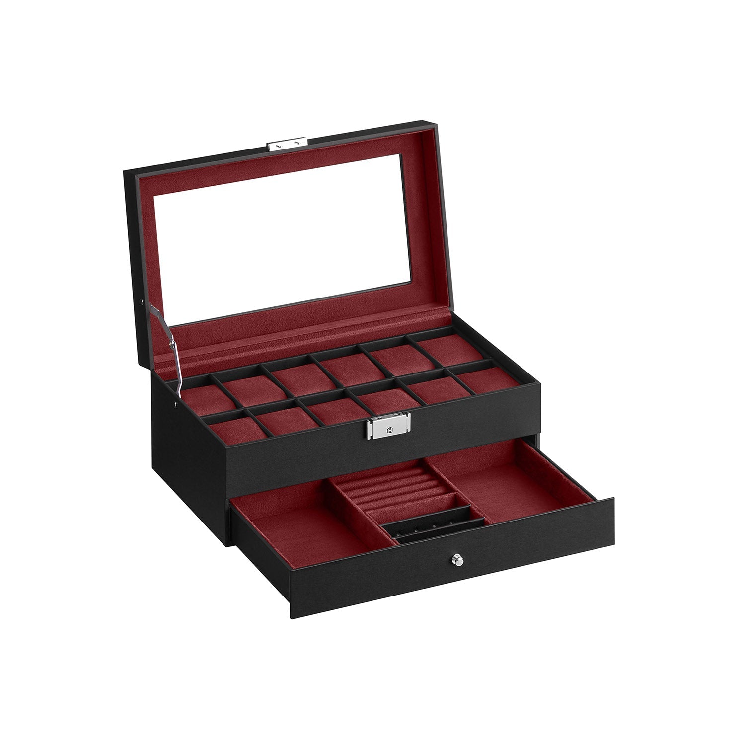 Horlogebox – met lade – 12 horloges – sieradenvak – glazen deksel – zwart