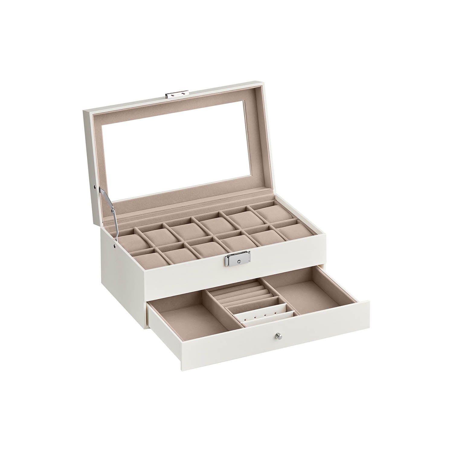 Horlogebox – met lade – 12 horloges – sieradenvak – glazen deksel – zwart