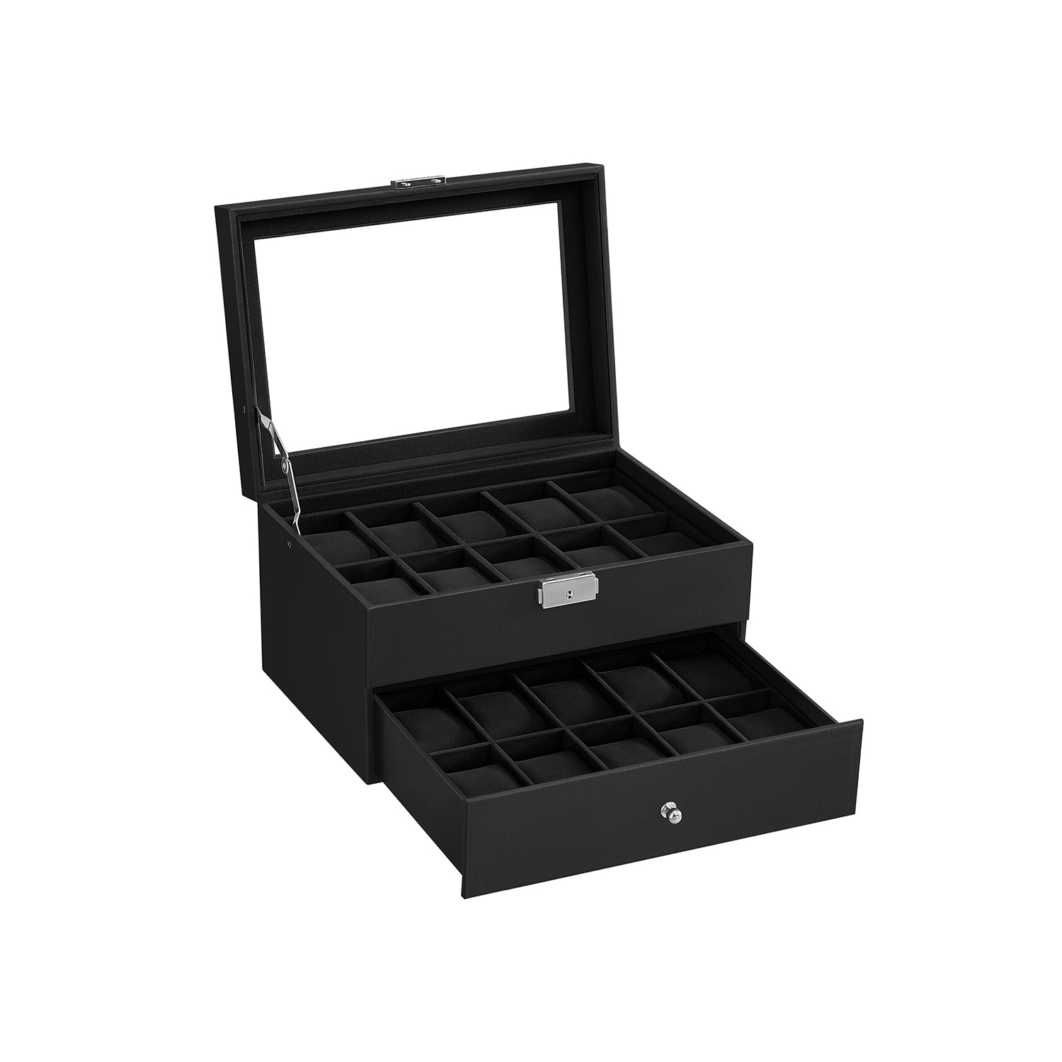 Horlogebox – 20 horloges – glazen deksel – zwart