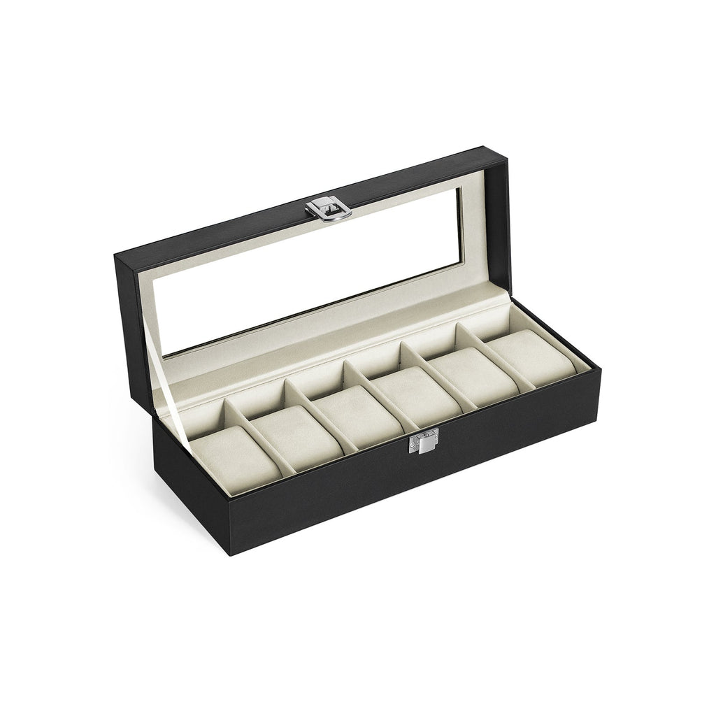 Horlogebox - Horlogekast met glazen deksel - Voor 6 horloges - Zwart