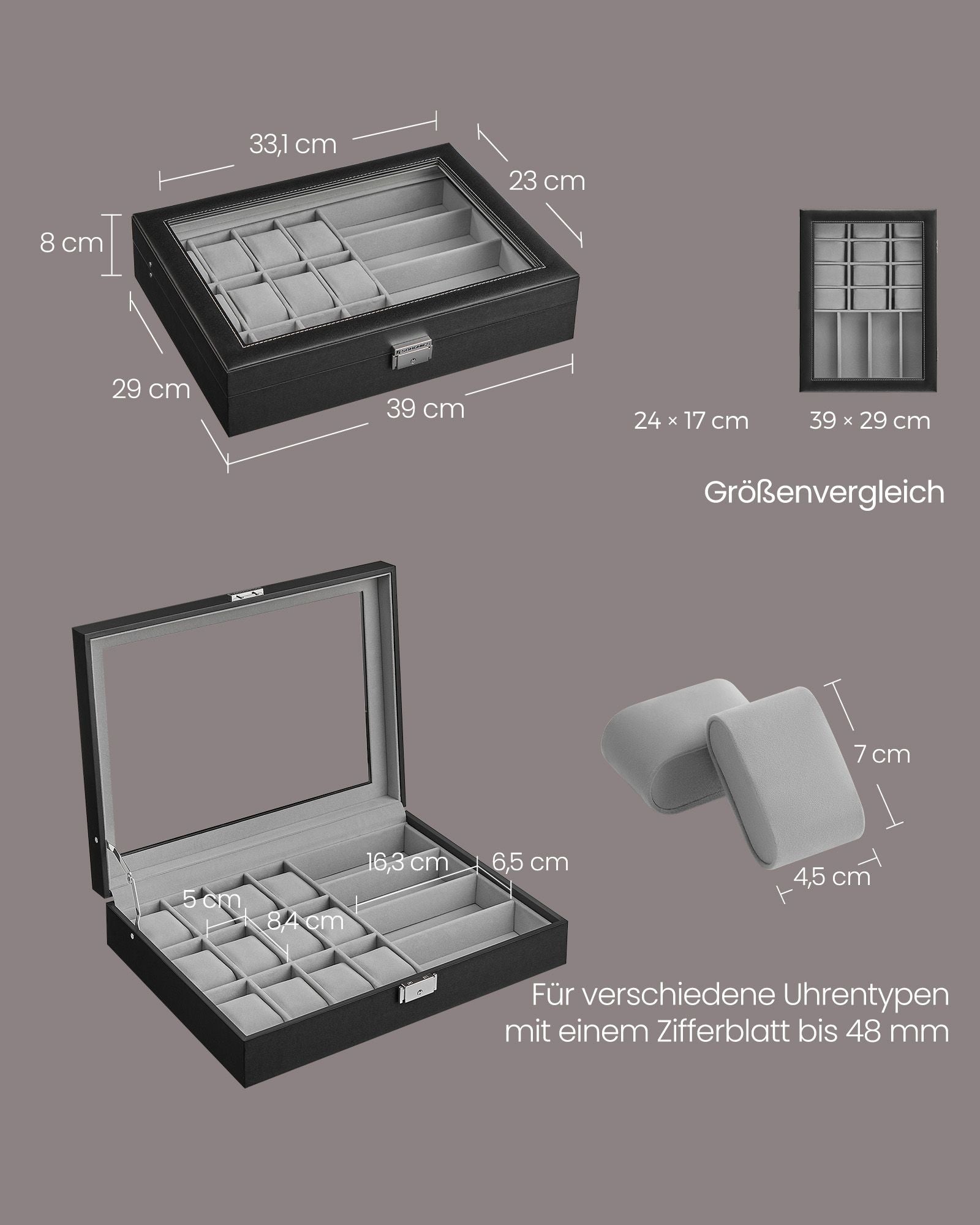 Afsluitbare Horlogebox Met 16 Vakken, Inktzwart