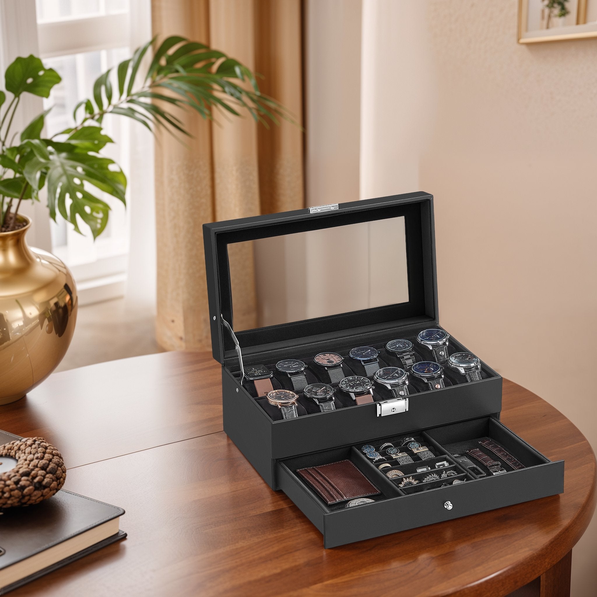 Horlogebox met glazen deksel – 2 lagen voor 12 horloges