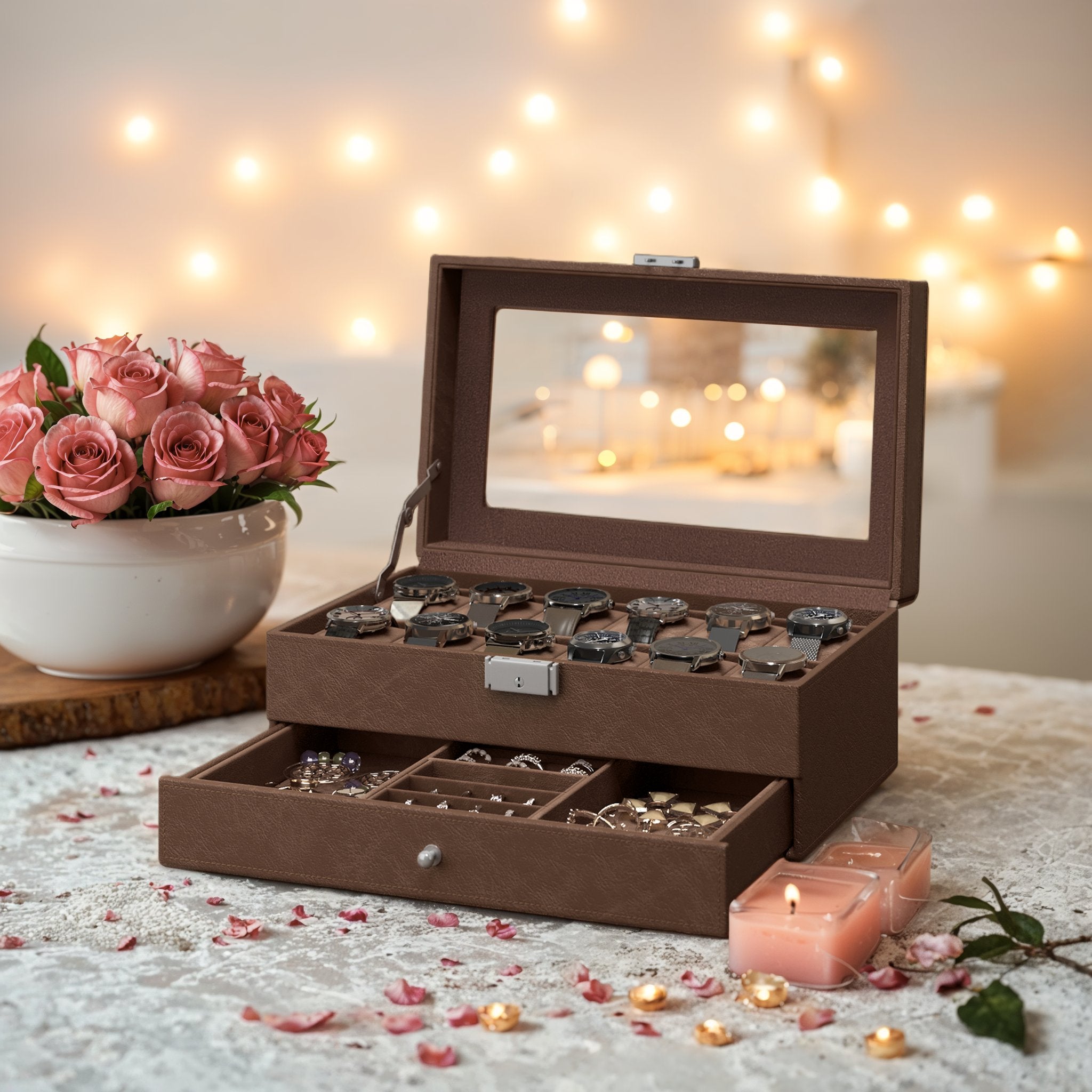 Horlogebox met glazen deksel – 2 lagen voor 12 horloges