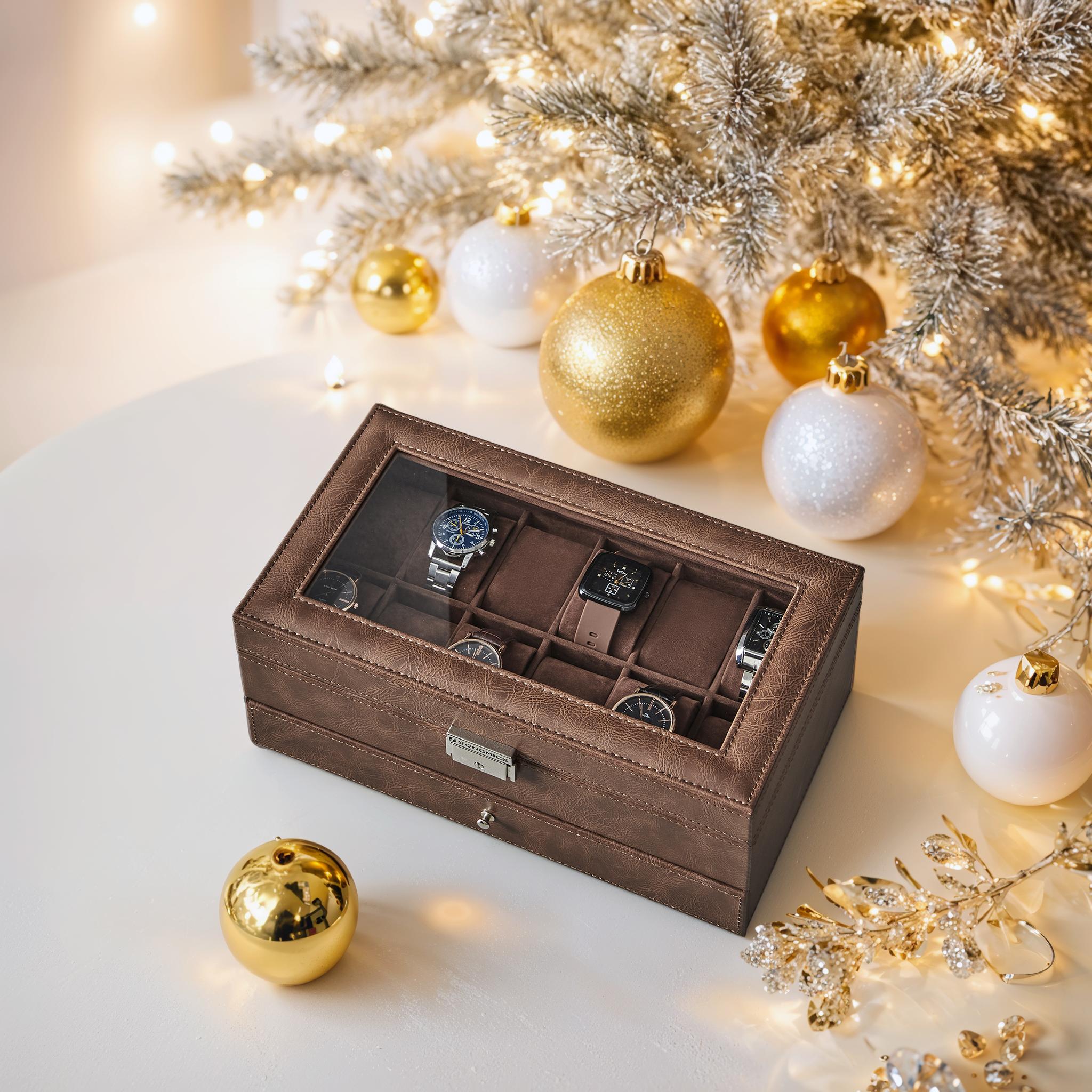Horlogebox met glazen deksel – 2 lagen voor 12 horloges