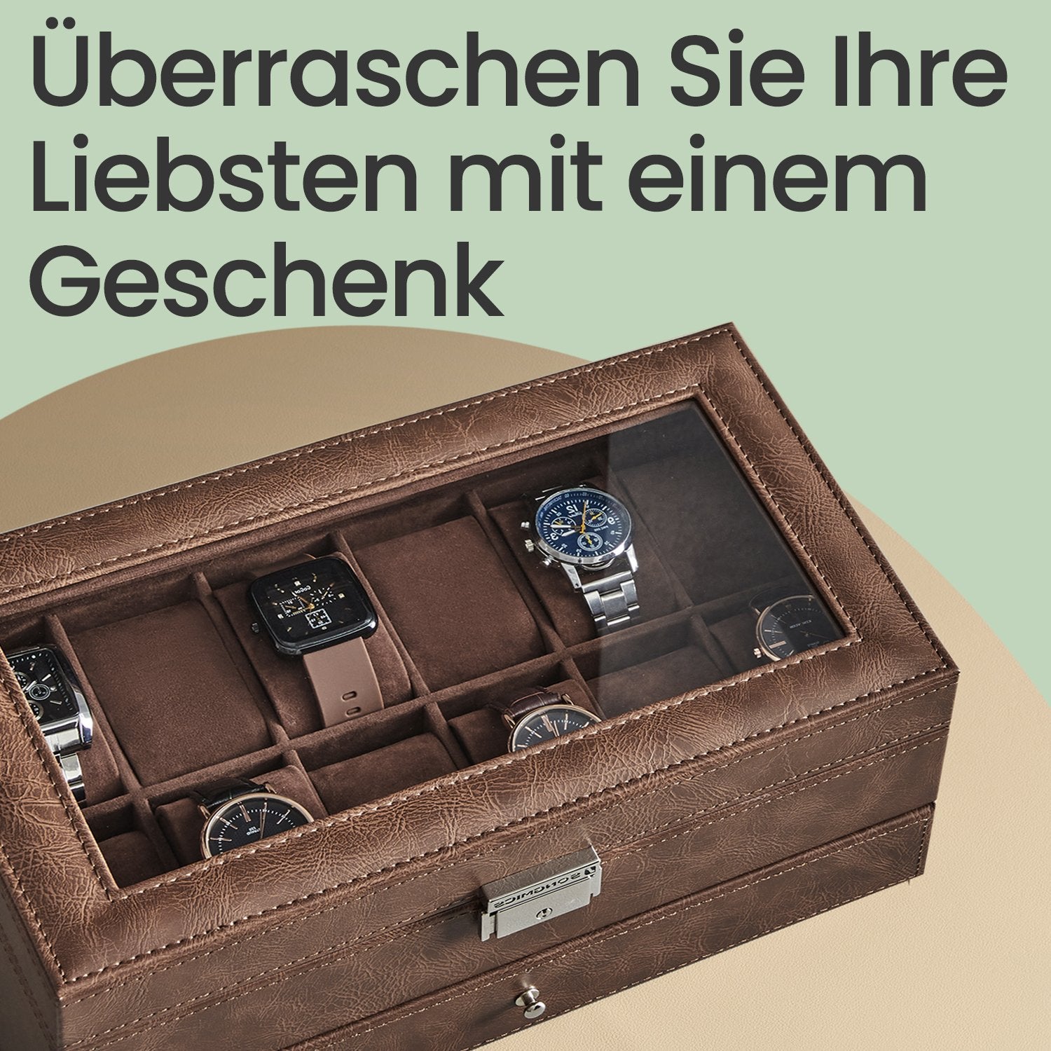 Horlogebox met glazen deksel – 2 lagen voor 12 horloges