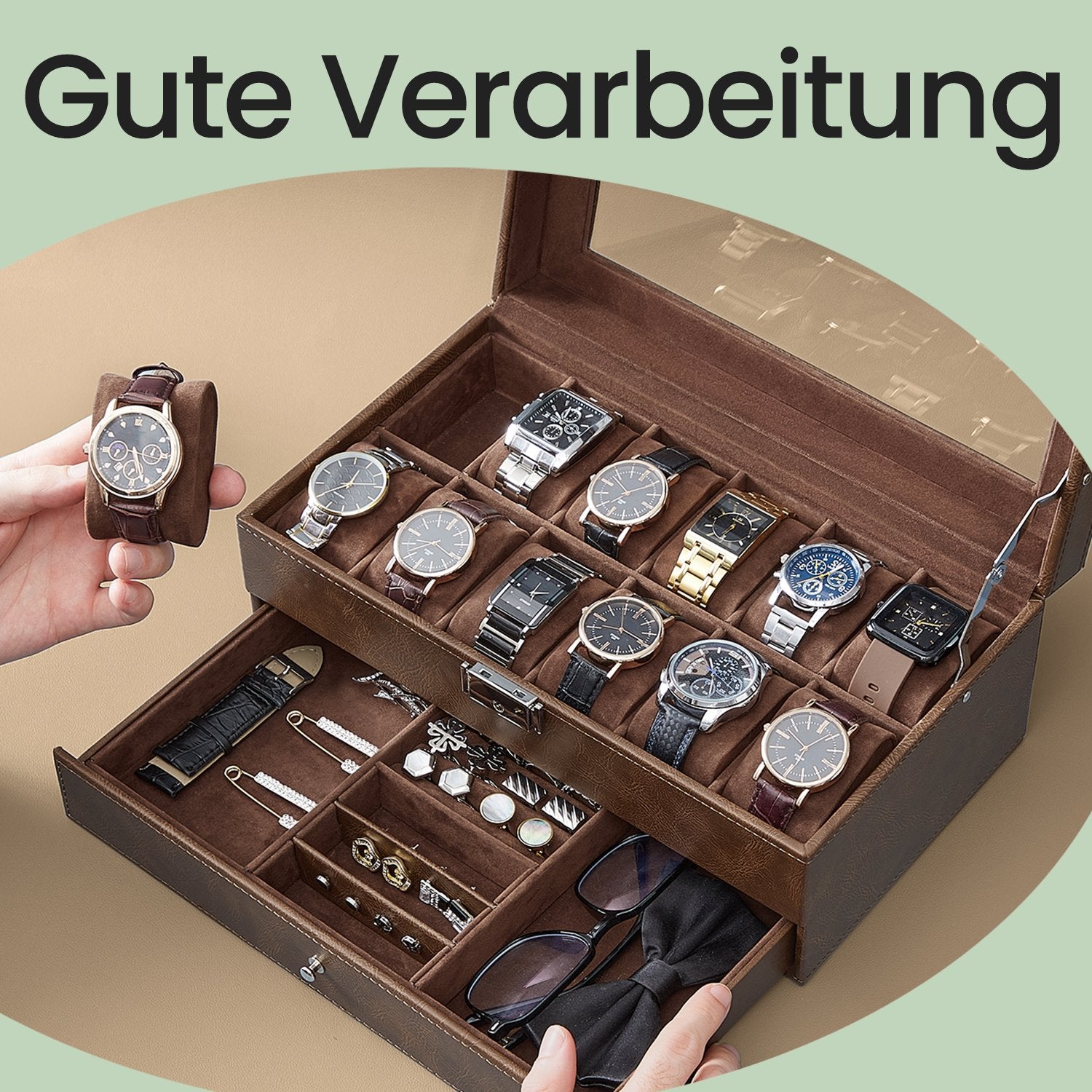 Horlogebox met glazen deksel – 2 lagen voor 12 horloges