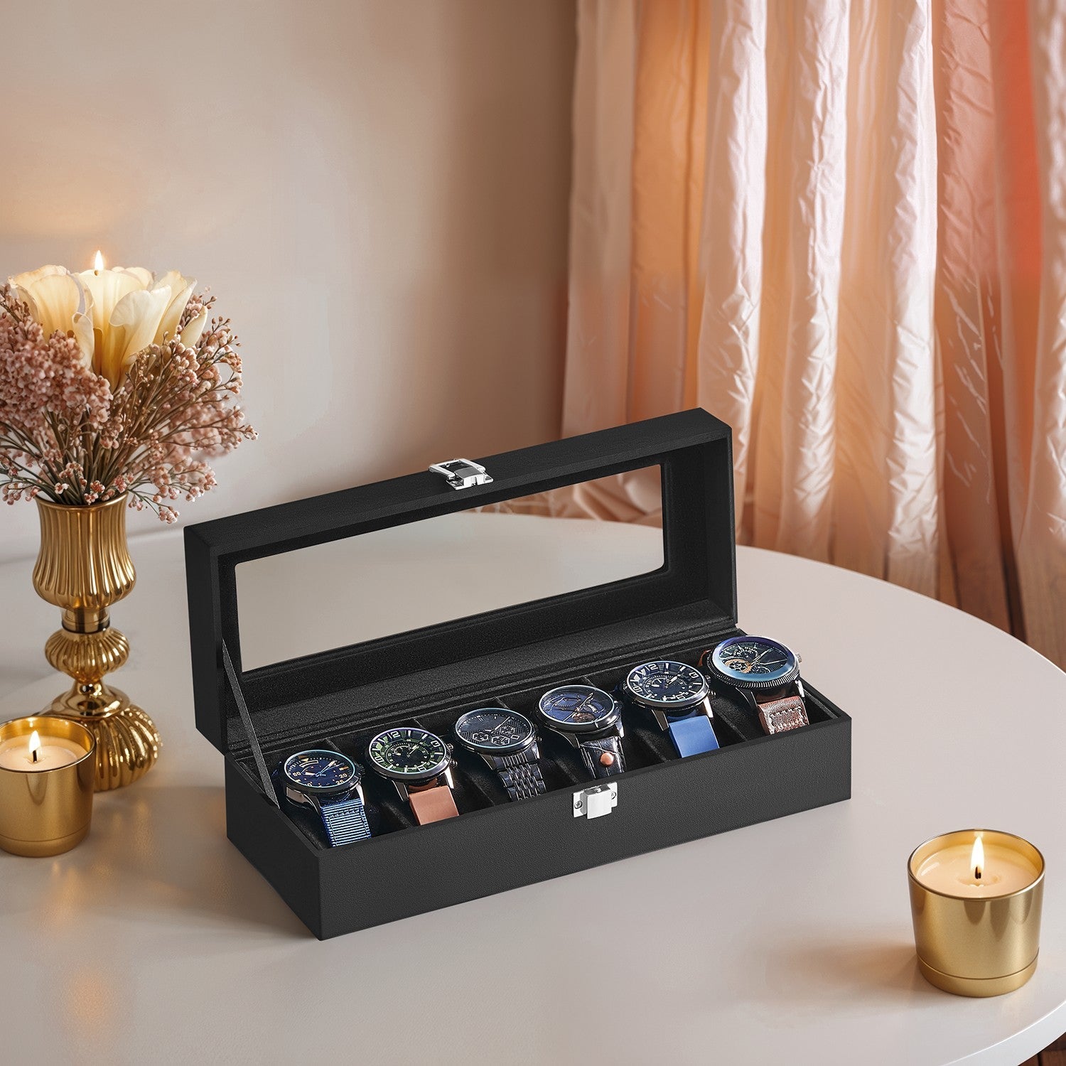 Horlogedoos met glazen deksel – 6 vakken voor horloges, elegant display