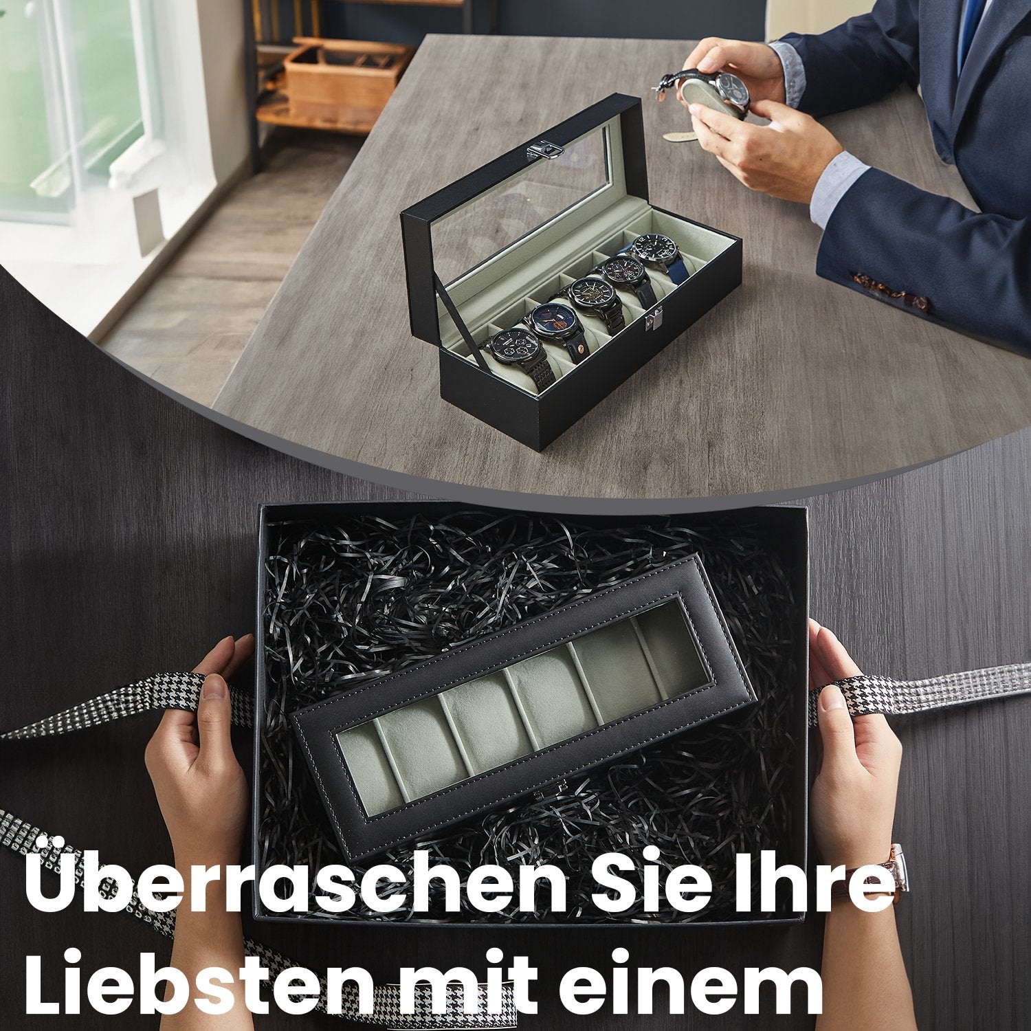 Horlogedoos met glazen deksel – 6 vakken voor horloges, elegant display