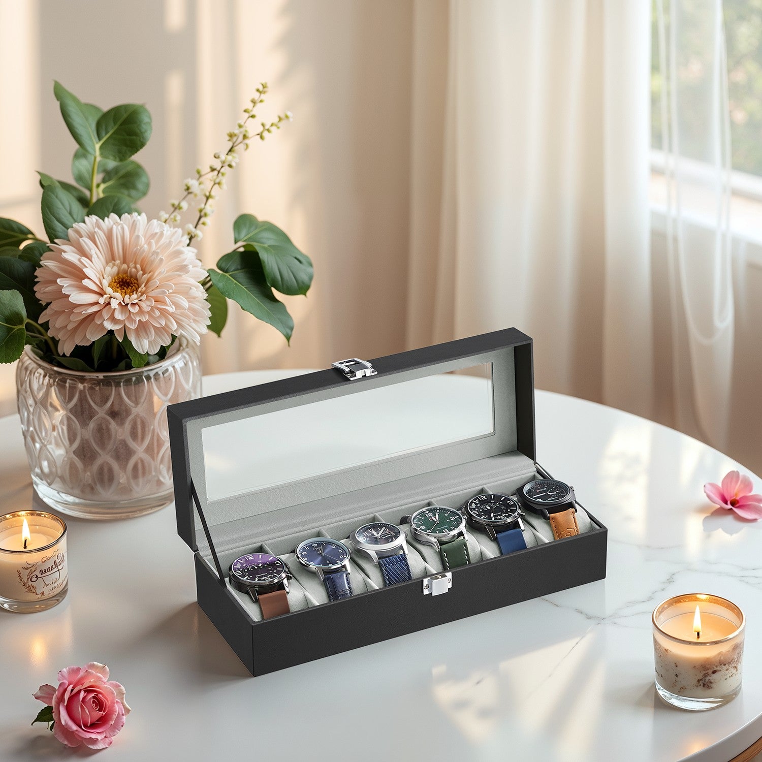 Horlogedoos met glazen deksel – 6 vakken voor horloges, elegant display