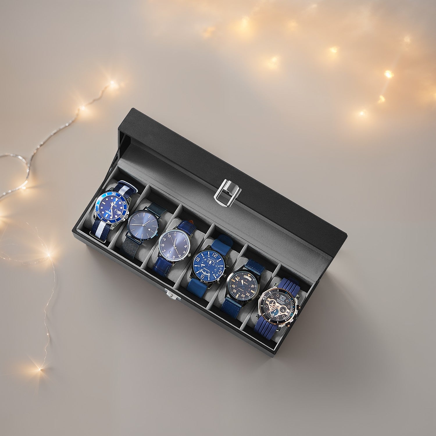 Horlogedoos met glazen deksel – 6 vakken voor horloges, elegant display