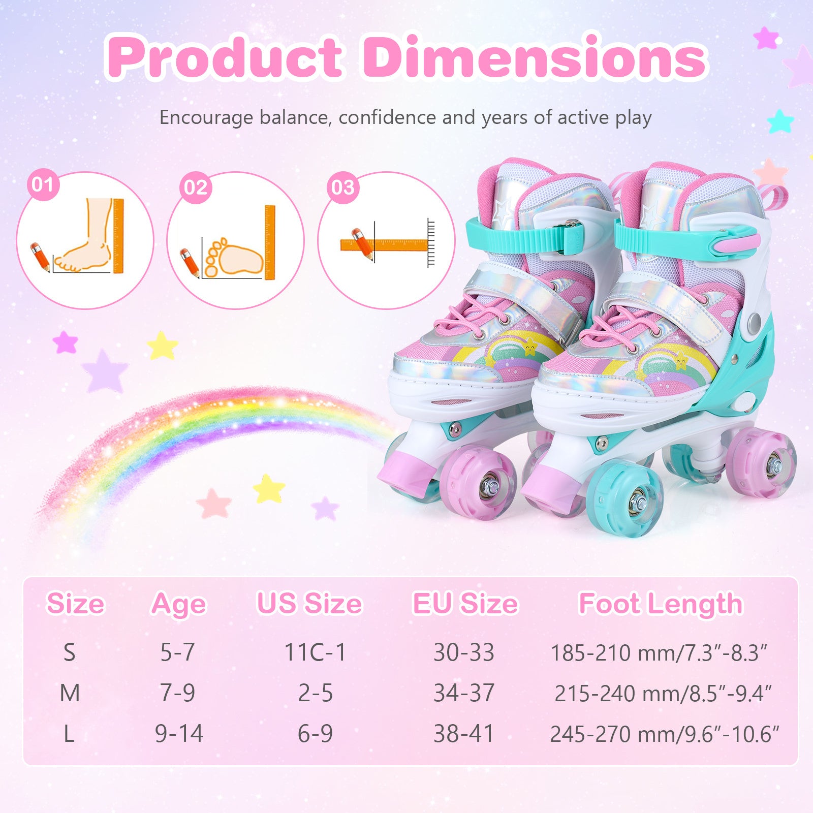 Justerbara – barnrullskridskor med storlekar och LED lyshjul, Quad Skates M – 4 2 – Rosa