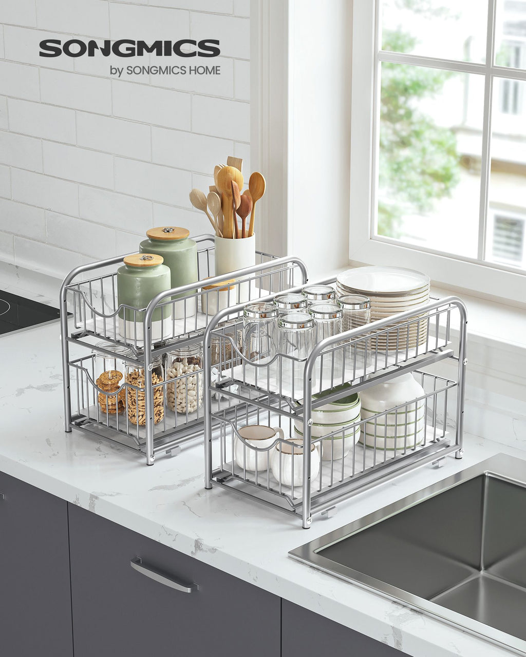 Keukenkastorganizer – set van 2 – metallic zilver