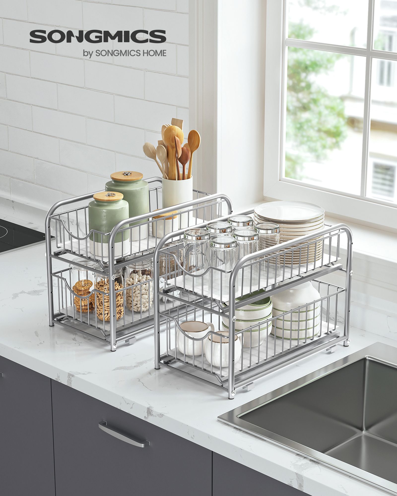 Keukenkastorganizer – set van 2 – metallic zilver