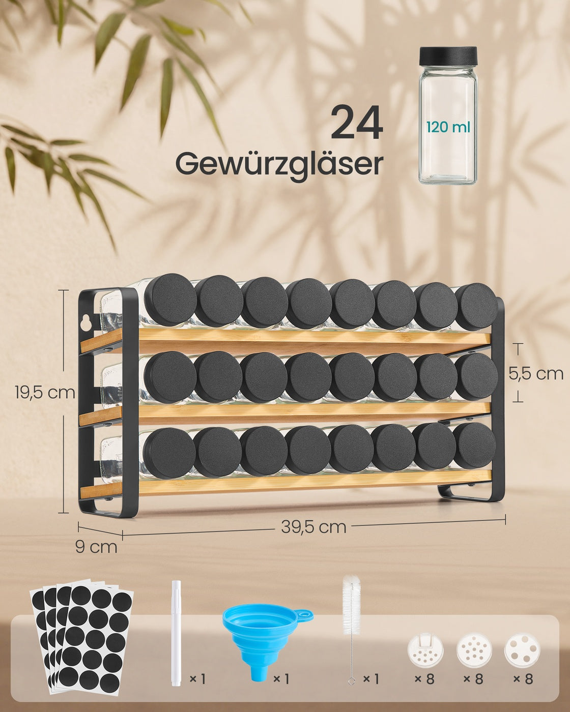 Kruidenrek - 3 Planken - 24 Potjes - Met Etiketten - Inktzwart-Naturel Beige