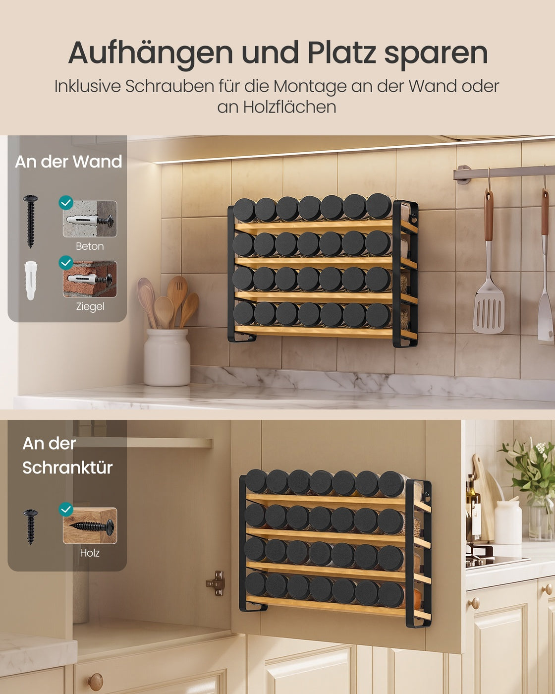 Kruidenrek - 4 Planken - 28 Potjes - Met Etiketten - Inktzwart-Naturel Beige