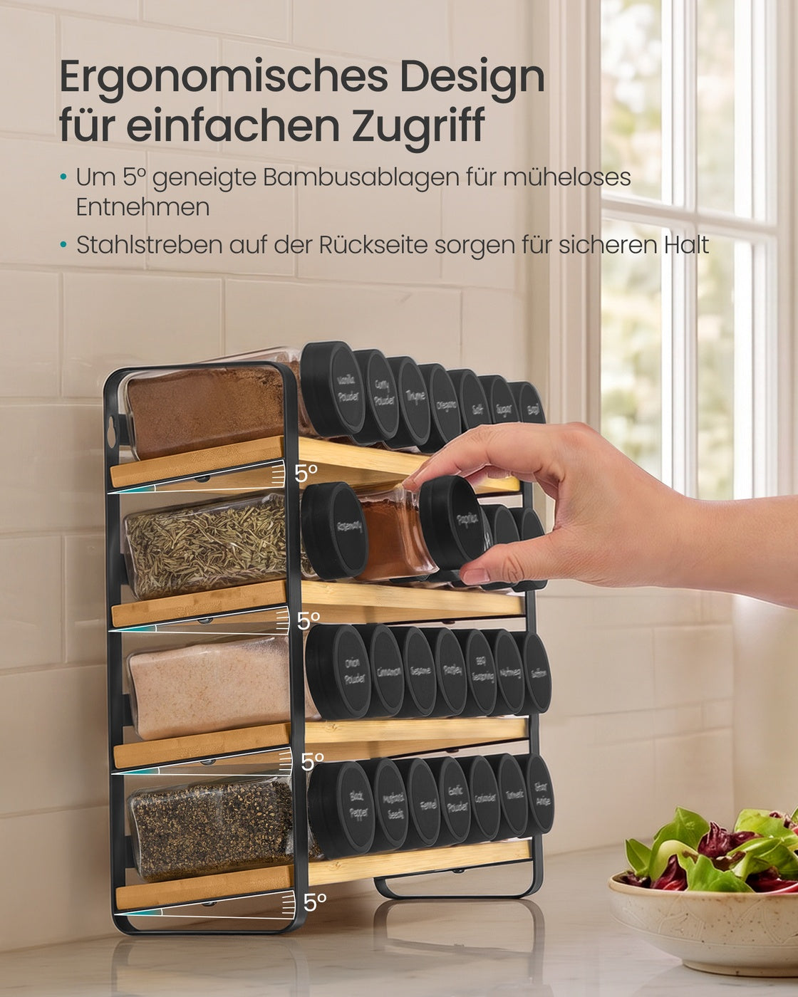 Kruidenrek - 4 Planken - 28 Potjes - Met Etiketten - Inktzwart-Naturel Beige