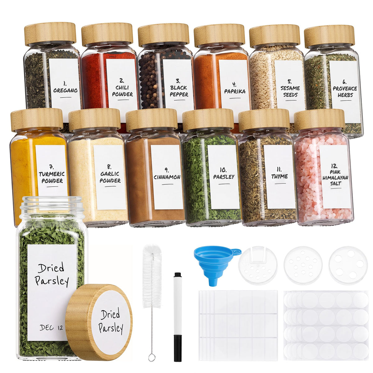 Kruidenpotjes Glas – Set van 12 – 120 ml – Met Strooideksel en Etiketten – Bamboe