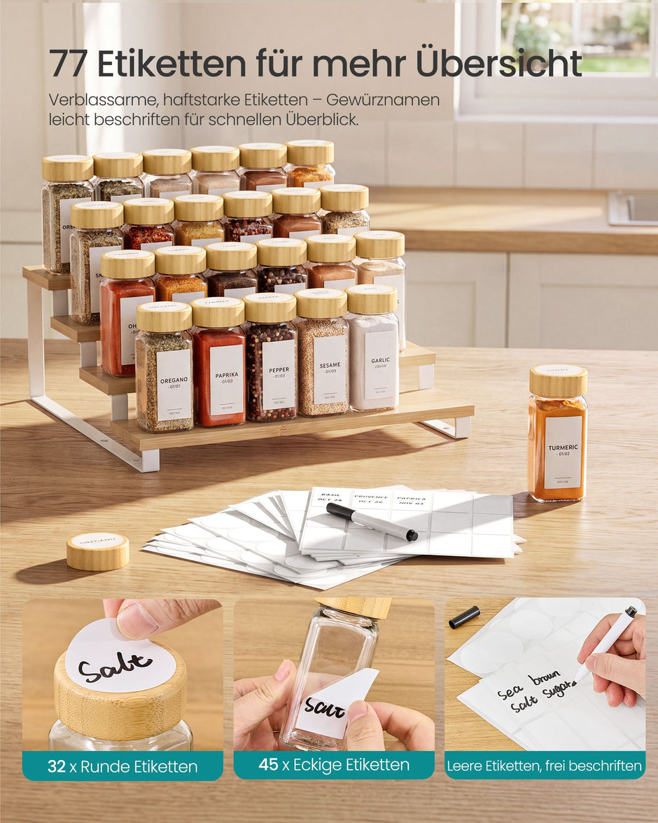 Kruidenpotjes Glas – Set van 12 – 120 ml – Met Strooideksel en Etiketten – Bamboe