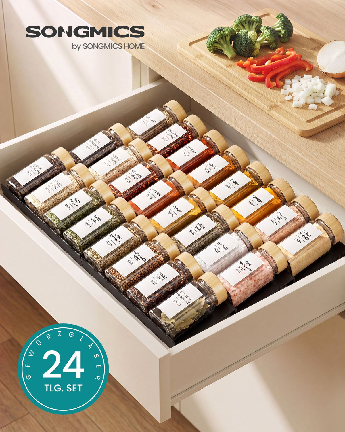 Kruidenpotjes Glas – Set van 24 – 120 ml – Met Strooideksel en Etiketten – Bamboe