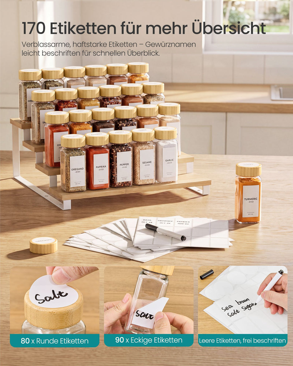 Kruidenpotjes Glas – Set van 24 – 120 ml – Met Strooideksel en Etiketten – Bamboe