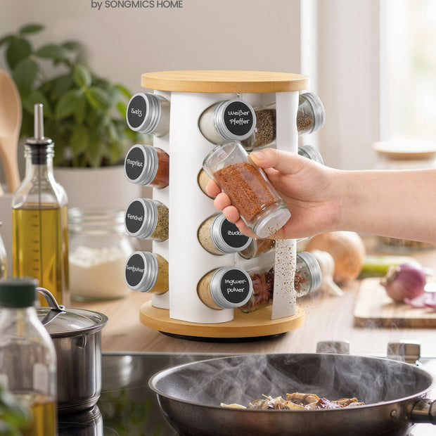 Draaibaar Kruidenrek - 16 Potjes - Met Etiketten - Mat Wit-Naturel Beige