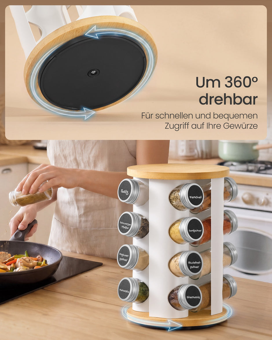 Draaibaar Kruidenrek - 16 Potjes - Met Etiketten - Mat Wit-Naturel Beige