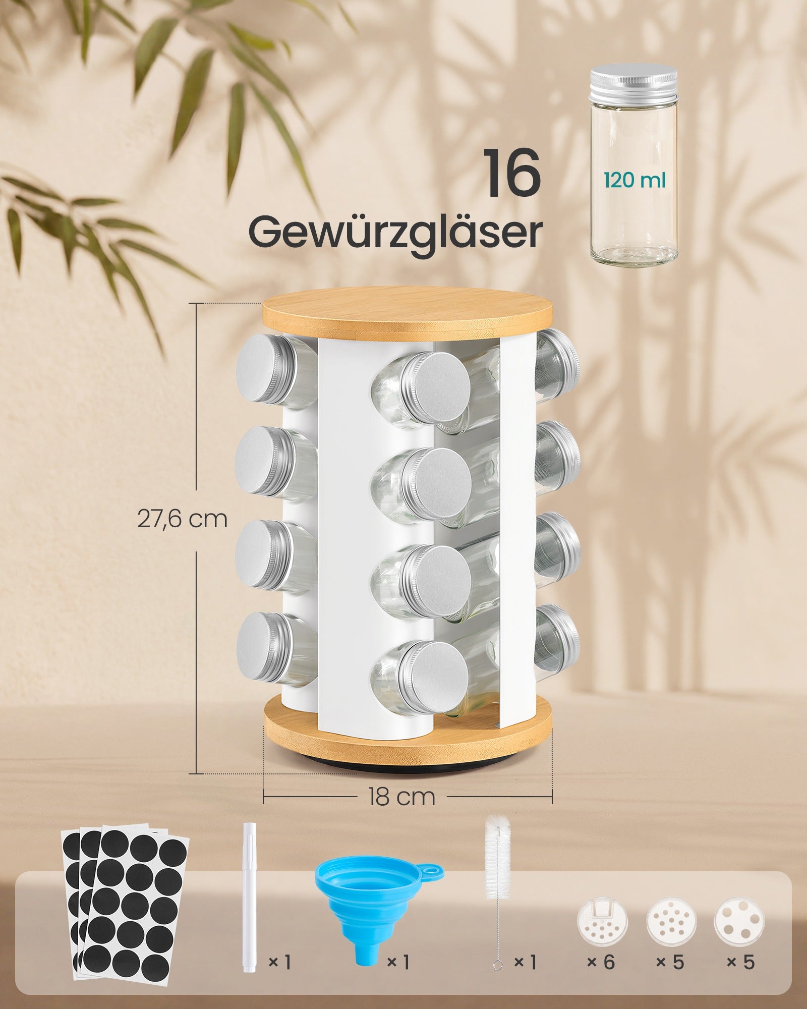 Draaibaar Kruidenrek - 16 Potjes - Met Etiketten - Mat Wit-Naturel Beige