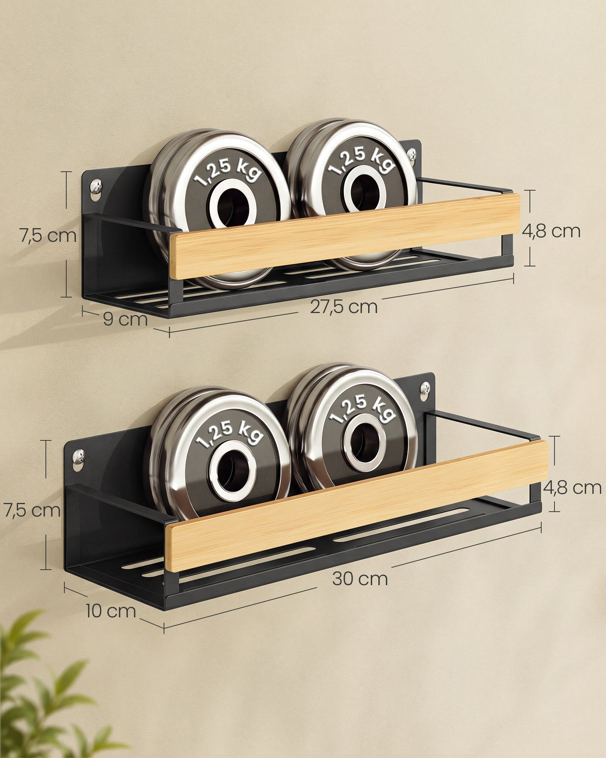 Kruidenrek voor aan de Wand – Set van 2 – Magnetisch – Staal en Bamboe – Inktzwart