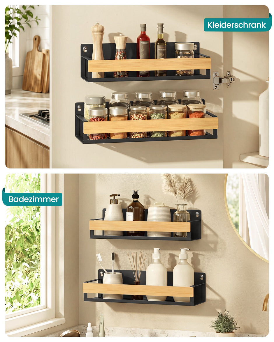 Kruidenrek voor aan de Wand – Set van 2 – Magnetisch – Staal en Bamboe – Inktzwart