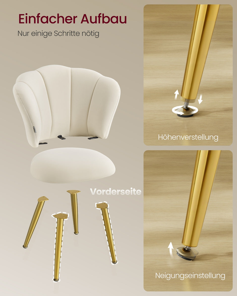 Eetkamerstoel - 62,5 x 60 x 80 cm - Crèmewit - 150 kg maximum capaciteit - Schuim, fluweel, multiplex, staal, non-woven stof