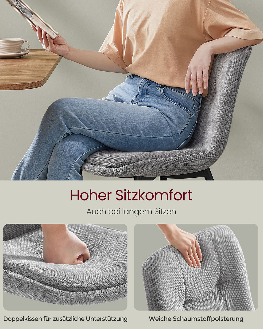 Eetkamerstoelen set van 2 – Dubbel kussen – Duifgrijs – Metalen poten