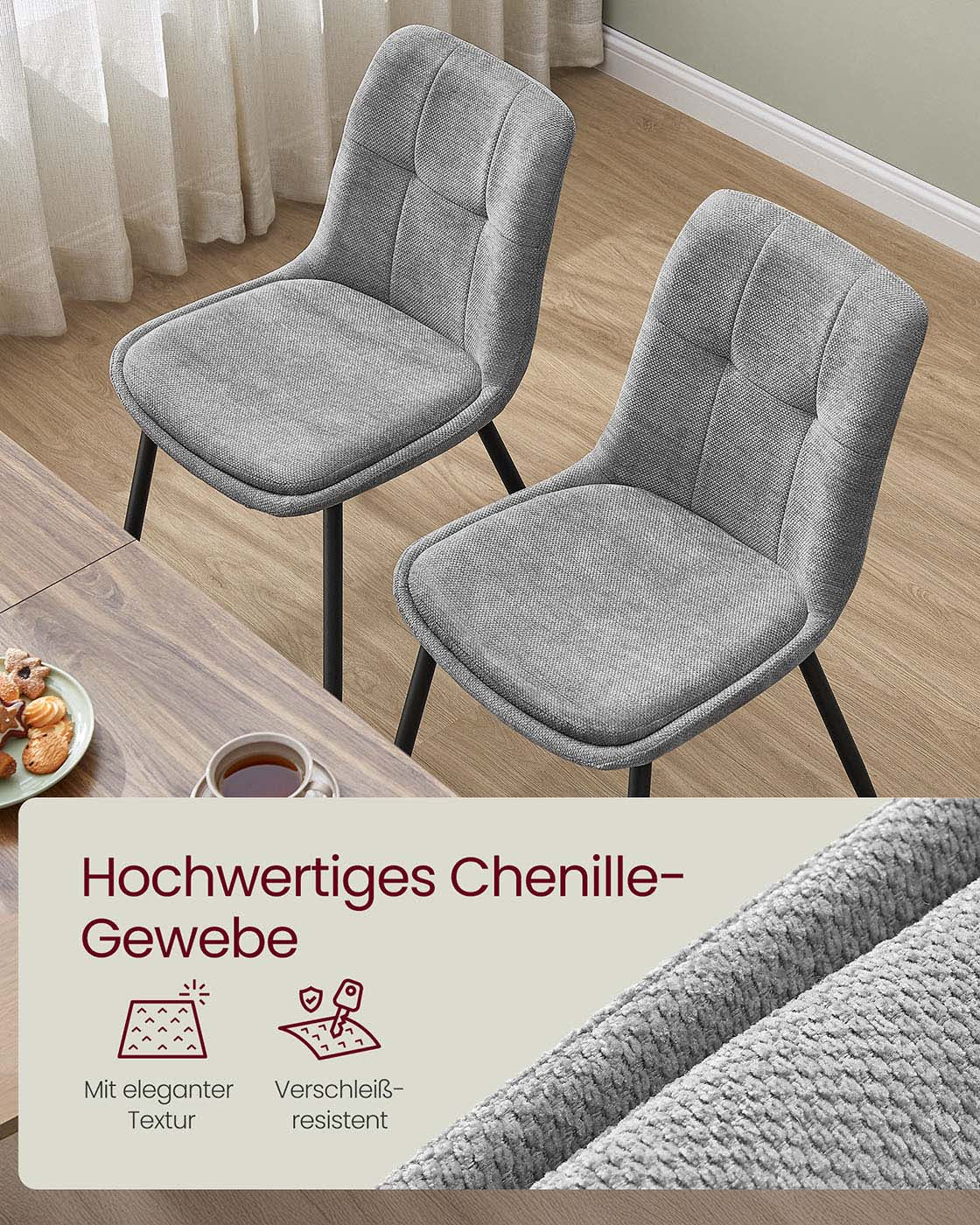 Eetkamerstoelen set van 2 – Dubbel kussen – Duifgrijs – Metalen poten