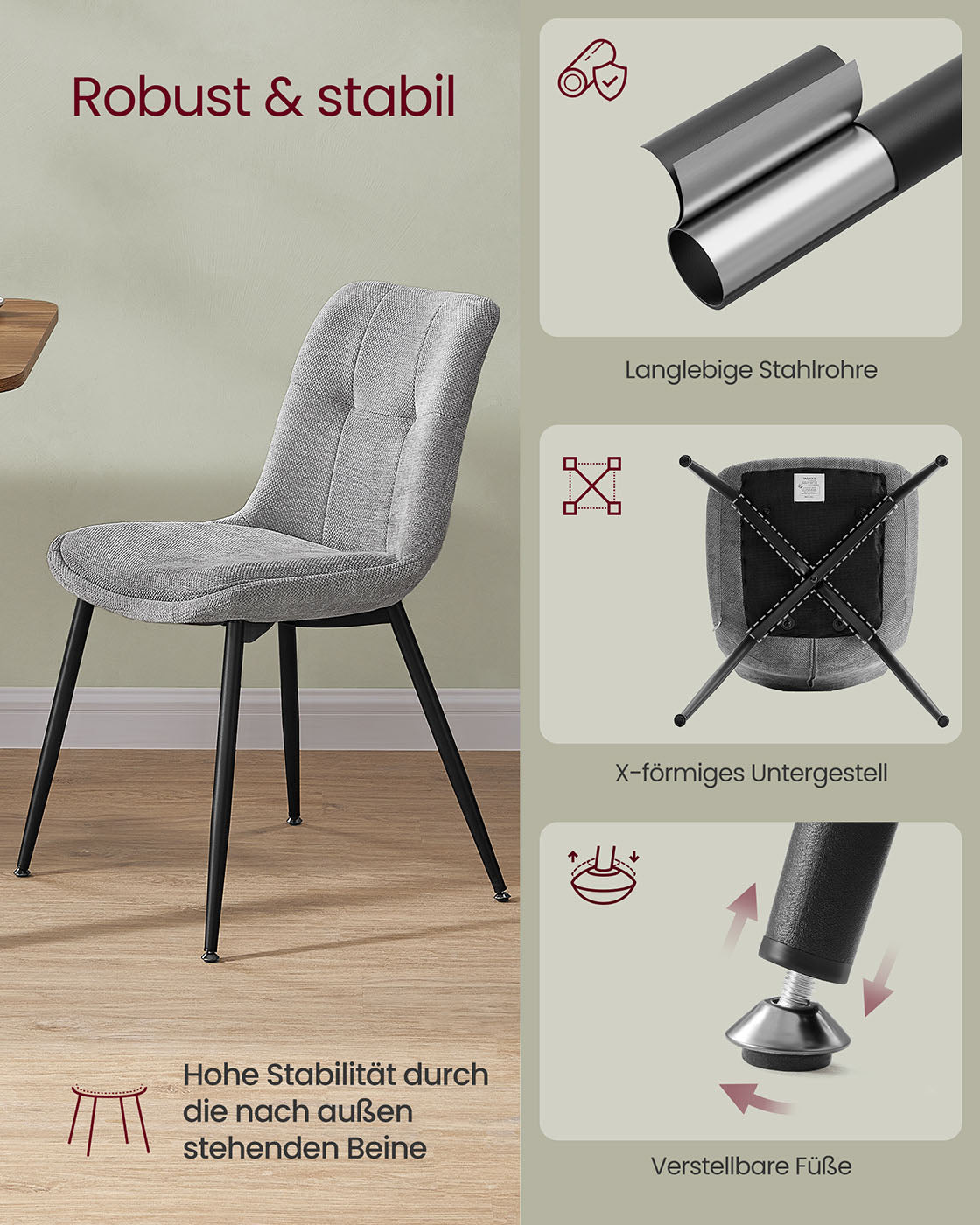 Eetkamerstoelen set van 2 – Dubbel kussen – Duifgrijs – Metalen poten