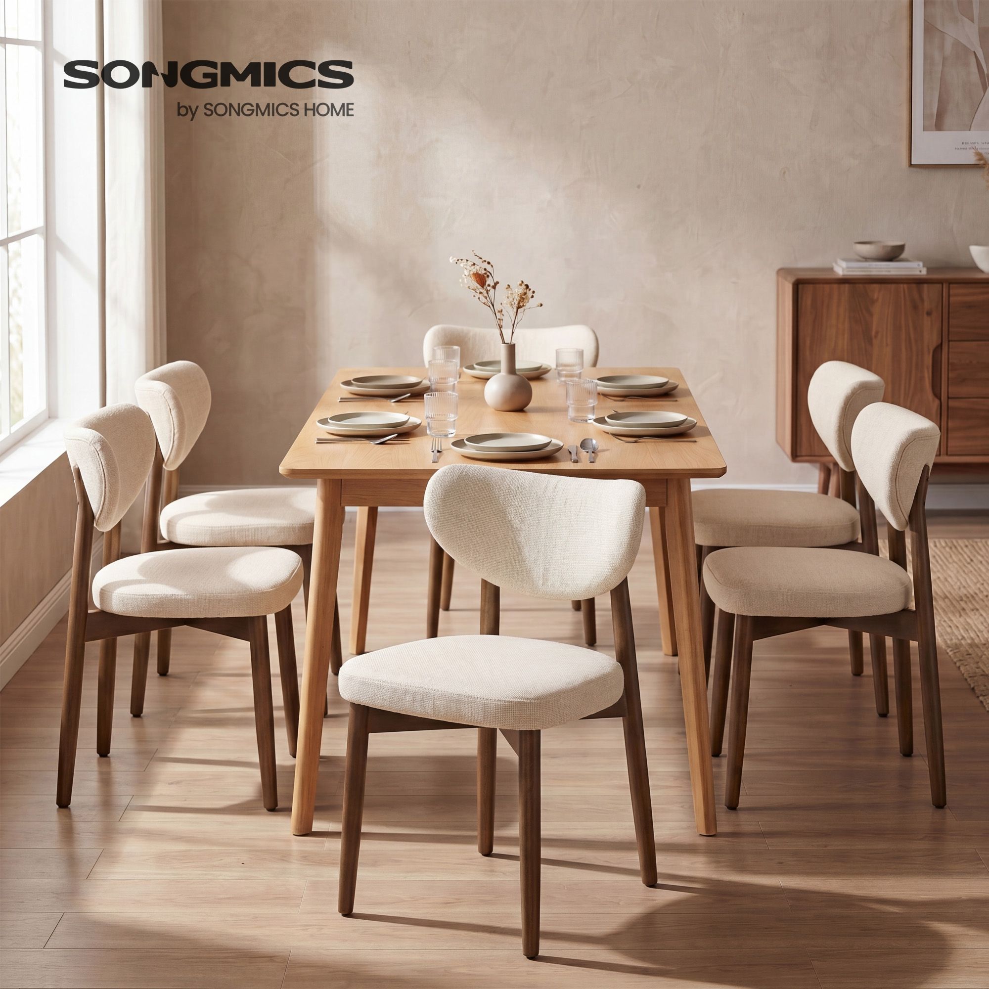 Eetkamerstoelen - Set van 6 - Ergonomische Rugleuning - Massief Hout - Beige