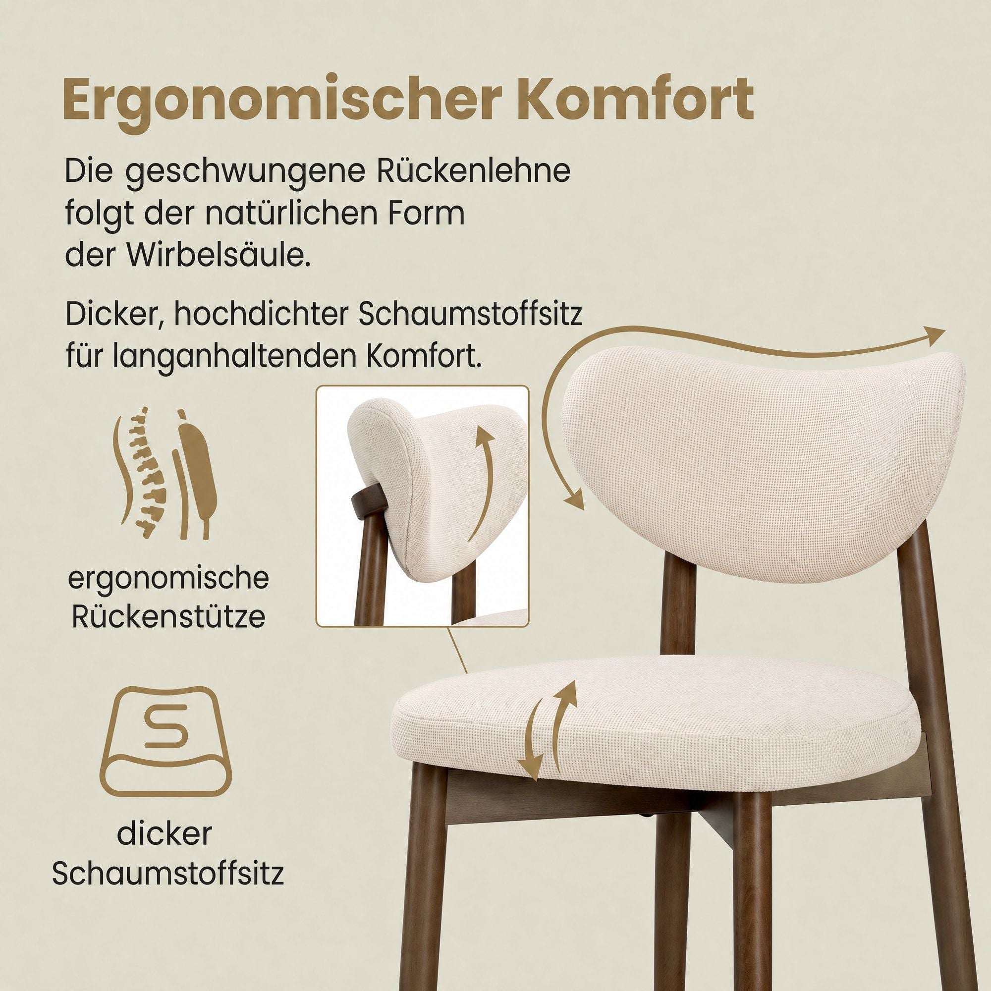 Eetkamerstoelen - Set van 6 - Ergonomische Rugleuning - Massief Hout - Beige