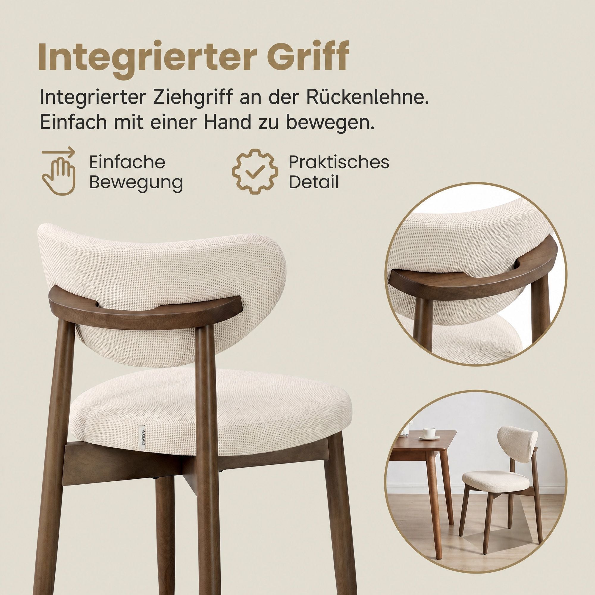 Eetkamerstoelen - Set van 6 - Ergonomische Rugleuning - Massief Hout - Beige