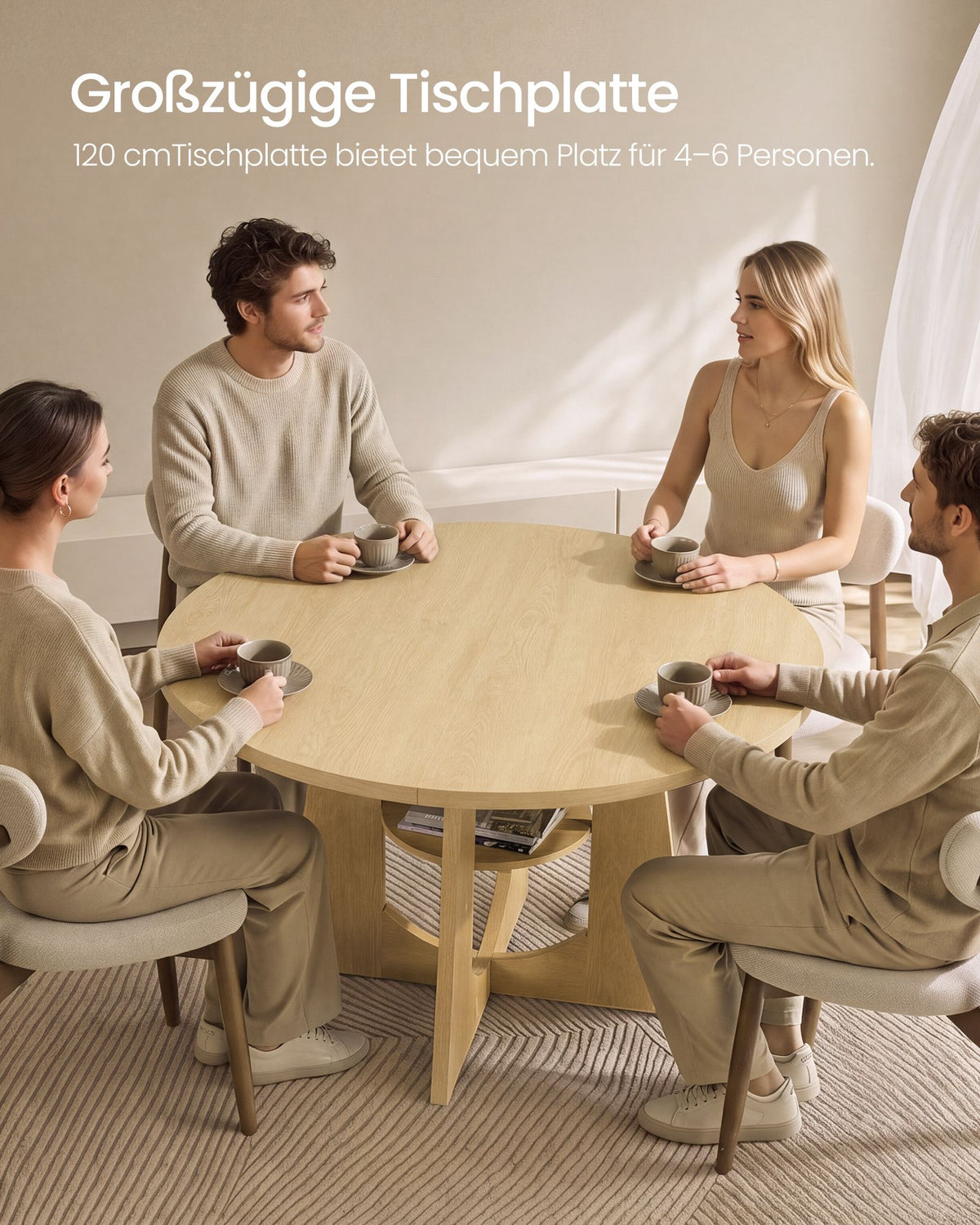 Ronde Eettafel – Ø 120 cm – Met Onderplank – 4-6 Personen – Eikenbeige
