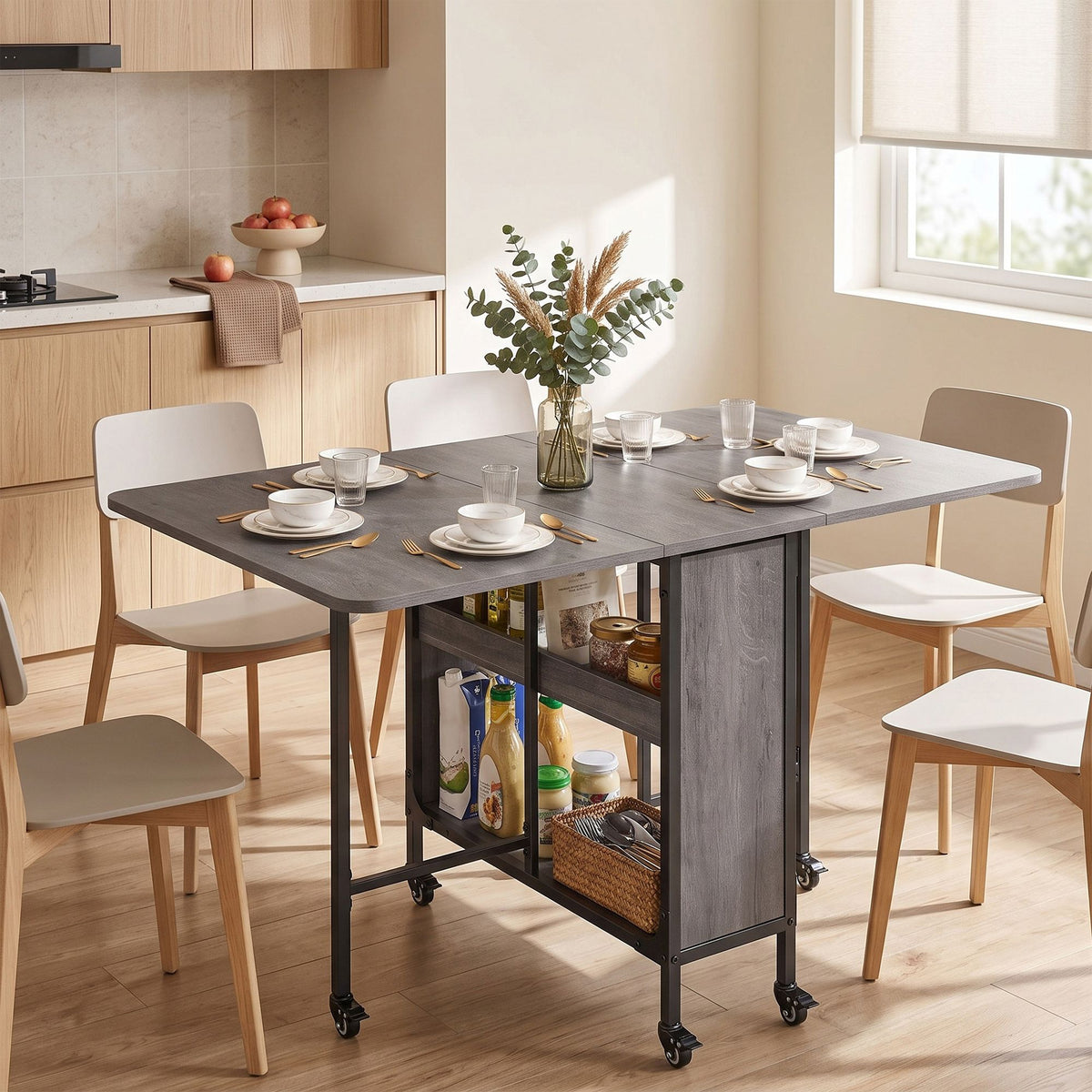 Inklapbare Eettafel – Op Wieltjes – Met Opbergruimte – 130 x 75 cm – Rookgrijs