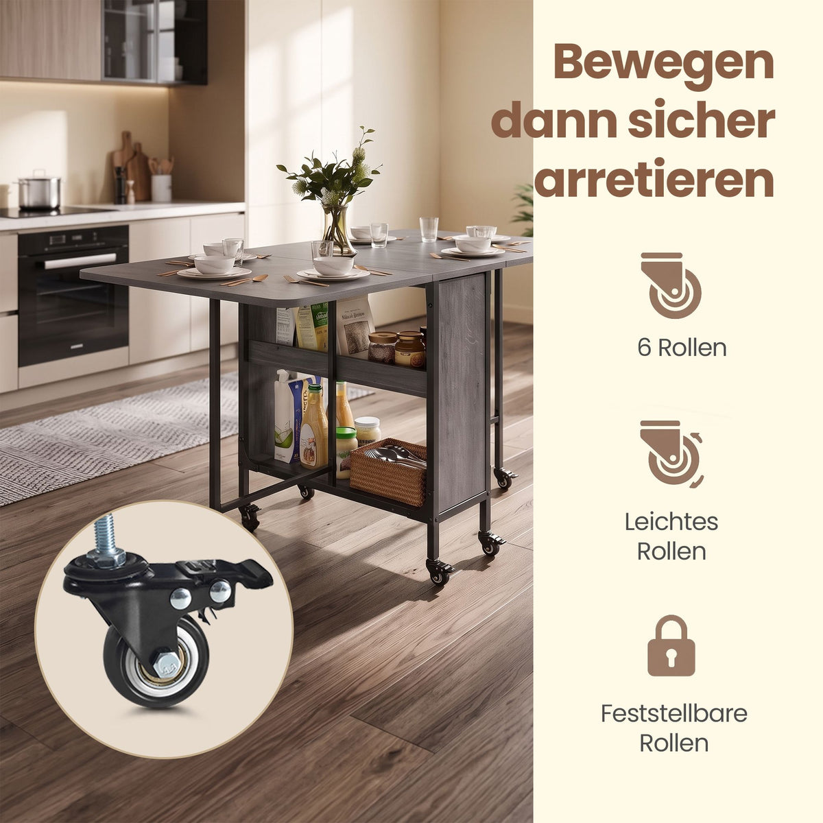Inklapbare Eettafel – Op Wieltjes – Met Opbergruimte – 130 x 75 cm – Rookgrijs