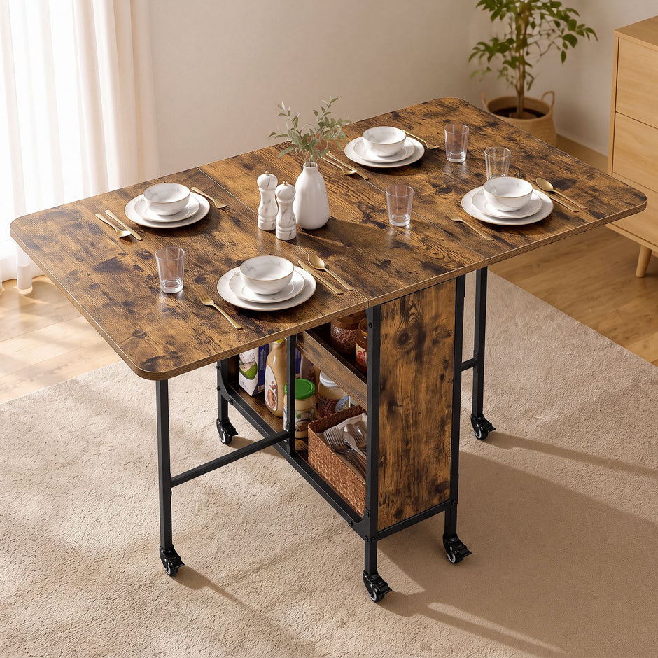 Inklapbare Eettafel – Op Wieltjes – 2 Opbergplanken – 130 x 75 cm – Vintage Bruin