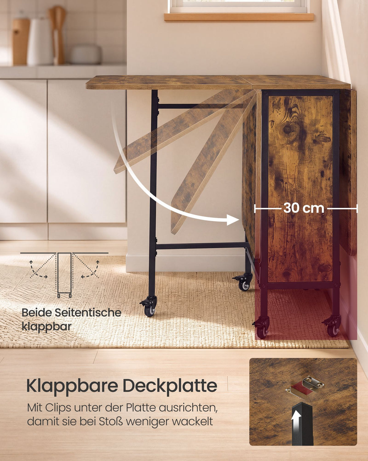 Inklapbare Eettafel – Op Wieltjes – 2 Opbergplanken – 130 x 75 cm – Vintage Bruin