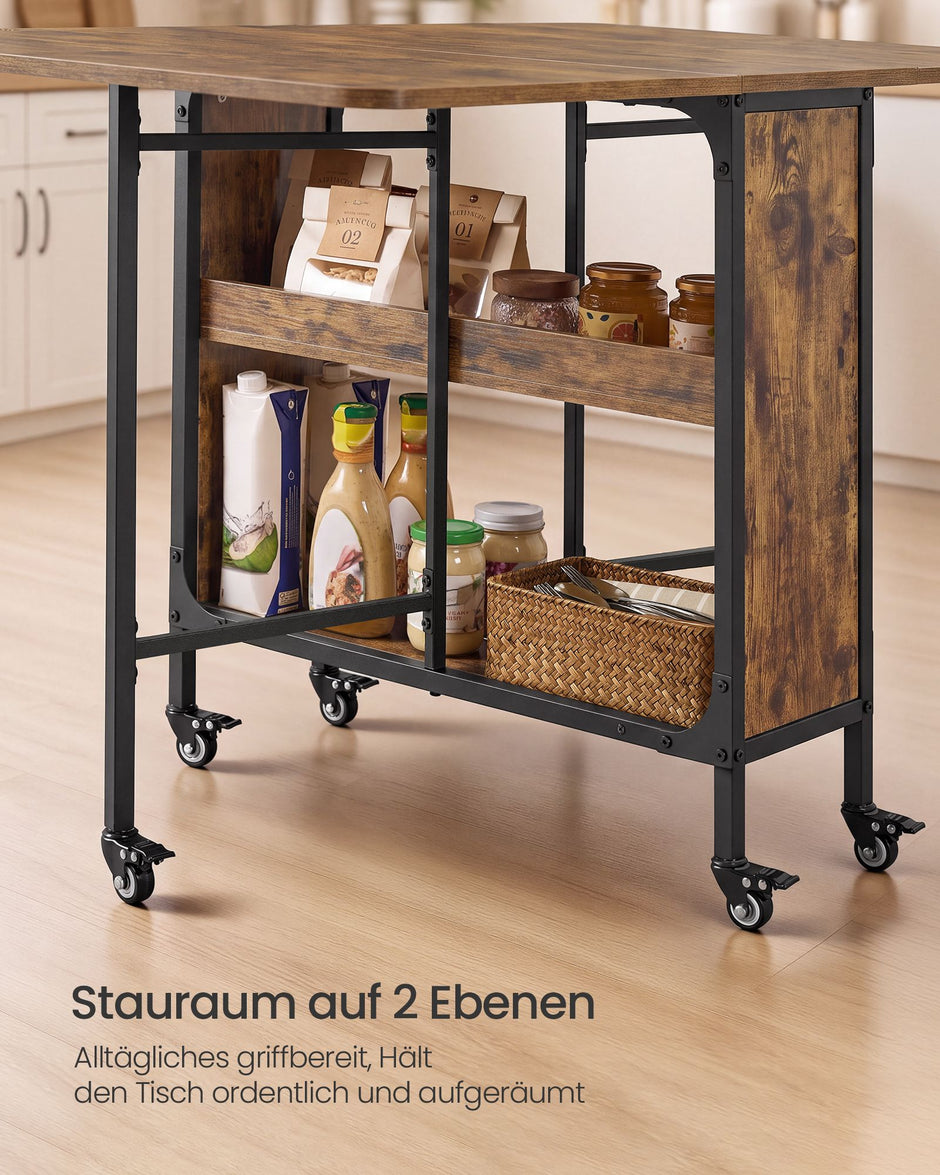 Inklapbare Eettafel – Op Wieltjes – 2 Opbergplanken – 130 x 75 cm – Vintage Bruin
