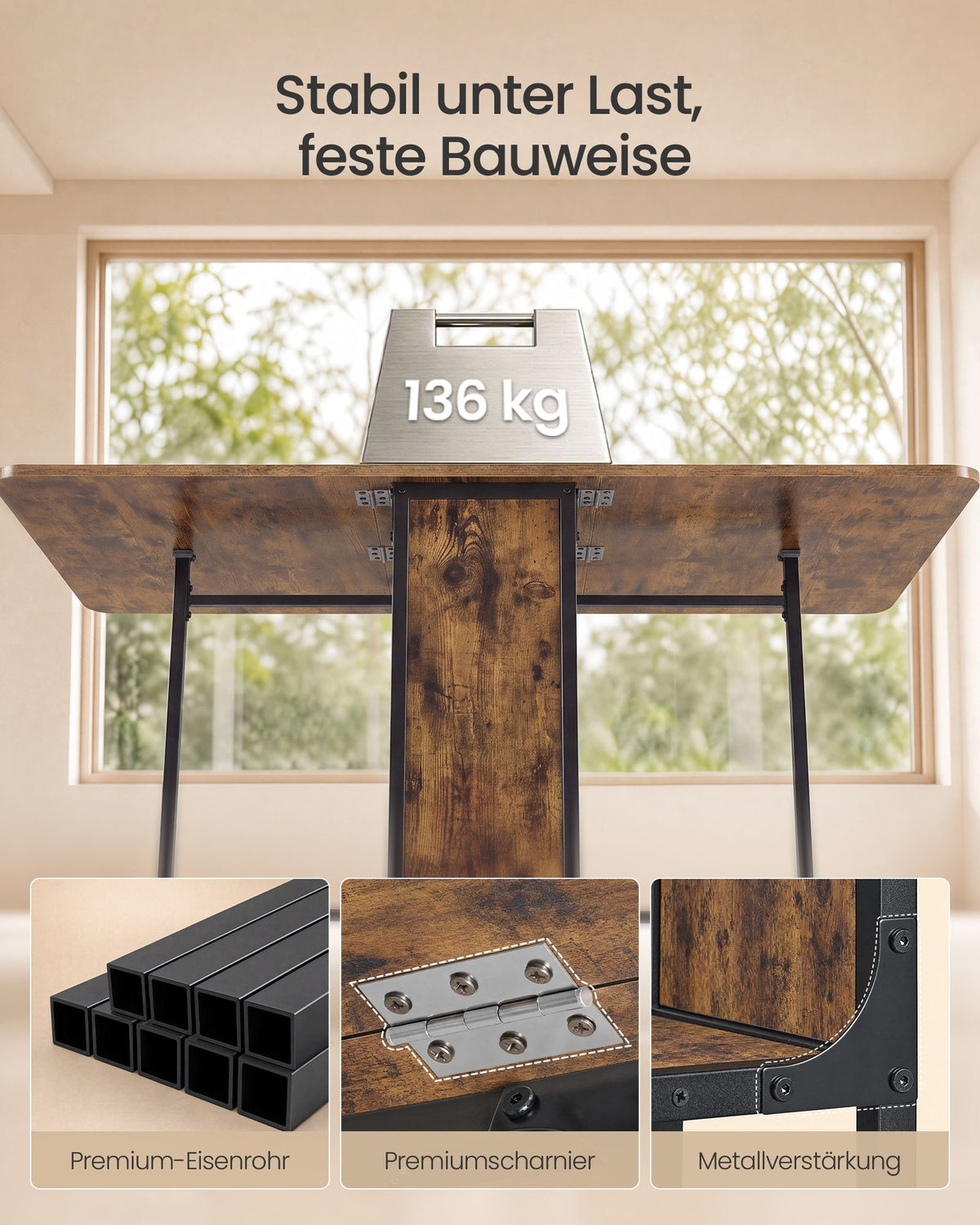 Inklapbare Eettafel – Op Wieltjes – 2 Opbergplanken – 130 x 75 cm – Vintage Bruin