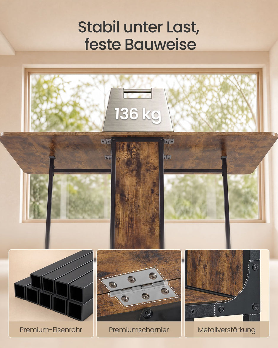 Inklapbare Eettafel – Op Wieltjes – 2 Opbergplanken – 130 x 75 cm – Vintage Bruin