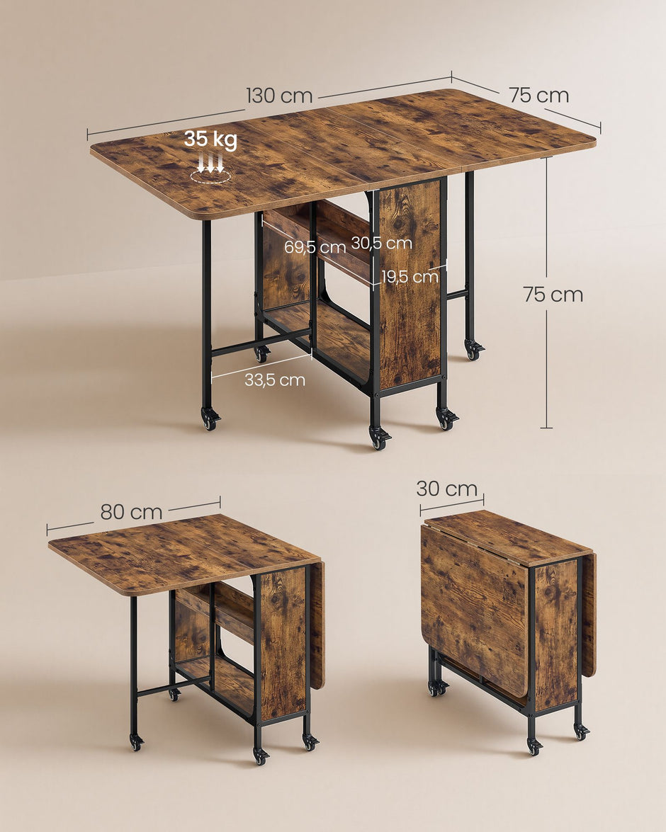 Inklapbare Eettafel – Op Wieltjes – 2 Opbergplanken – 130 x 75 cm – Vintage Bruin