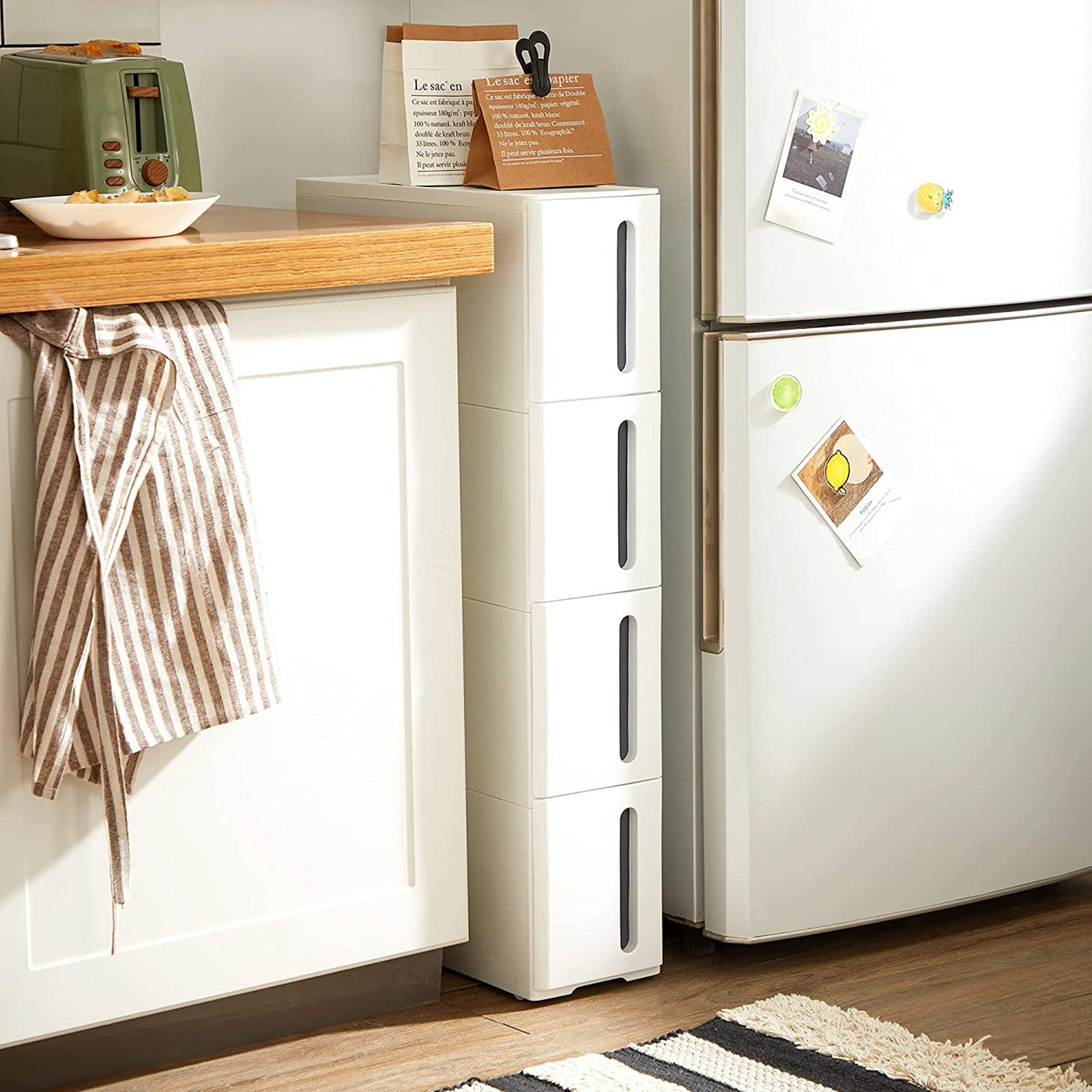 Nisrek – Uitschuifbare trolley met 4 lades – Wit-grijs